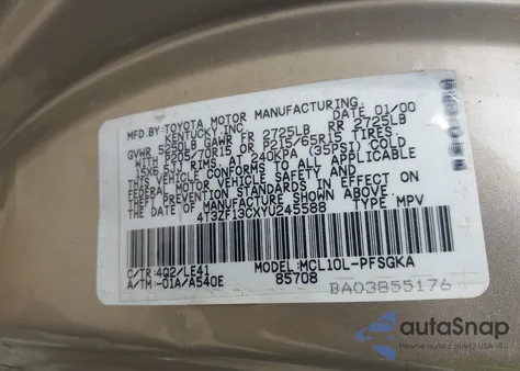 2000 Toyota Sienna Xle z USA, uszkodzony, nr VIN 4T3ZF13CXYU245588